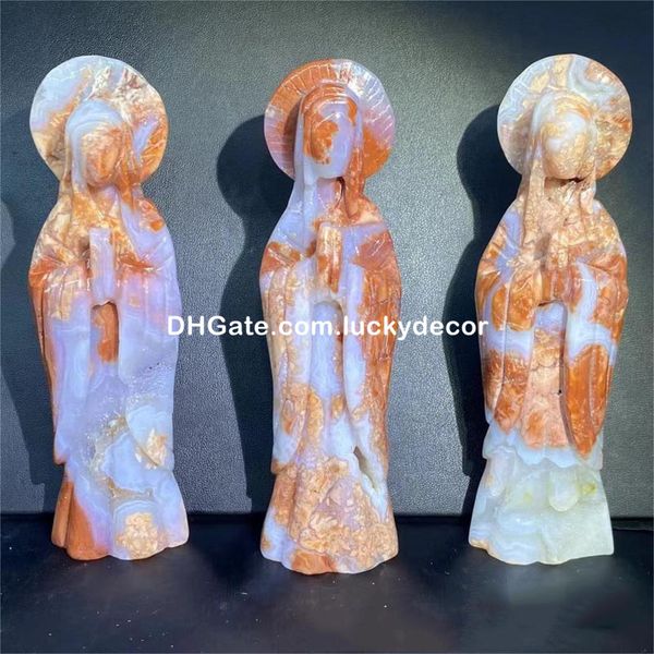 Druzy Rose Bleu Crazy Lace Agate Sculpté Cristal Bénie Mère Figurine Naturelle Mexicaine Barbe à Papa Agate Vierge Marie Rose Pétale Agate Madonna Déesse Sculpture