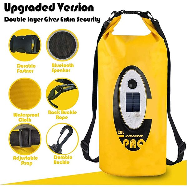 Dry Bag Mochila Solar Powered USB Impermeable 20L Camping Light Luz colorida con altavoz Bluetooth