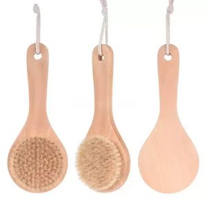 Bain à sec Brosse pour le corps Épurateur pour le dos Anti-dérapant Manche en bois court Poils naturels Douche Masseur exfoliant FY3691