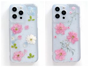 Étuis pressés de fleurs de printemps secs pour iPhone 15 14 Plus 13 Pro MAX 12 11 XR XS X 8 7 Mode séchée Feuille florale réelle Rose Feuille transparente transparente Couverture de téléphone à trou fin en TPU souple