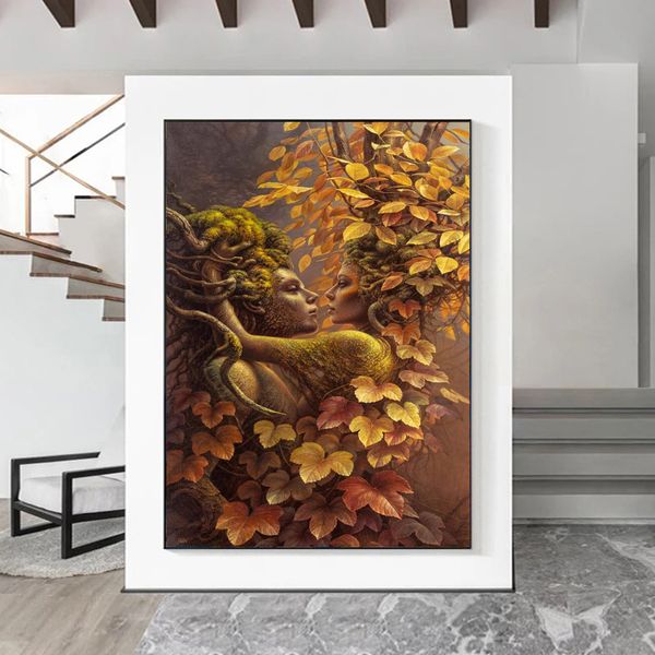 Dryad and the Tree Spirit Impresiones para la sala de estar Resumen abstracto surreal Aquipando Tree Pareja Pintura Arte de pared Decoración del hogar