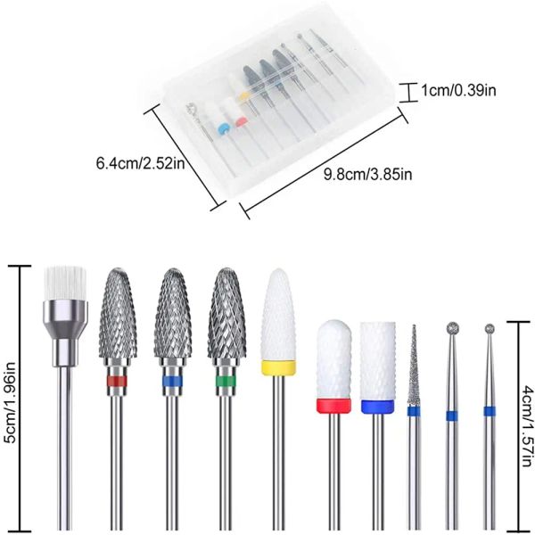 Secadoras 10pcs Taladro de uñas Bits de 3/32 pulgadas de tungsteno de tungsteno de tungsteno acrílico cola de clavo de uñas