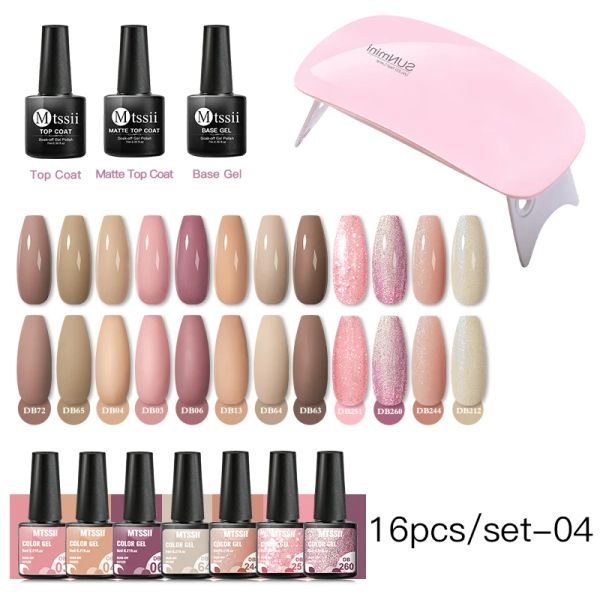 Séchoirs 16pcs en gel de vernis à ongles ensemble avec lampe UV Sécheur à ongles Nude rose paillette semi-permanent base de vernis de base mate de pointe kits d'art nail