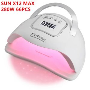 Drogers 2023 Nieuwe zon x12 280W 66pc LED -lampen voor spijkers UV nageldrogend licht voor gel nagel manicure Poolse hutlampen droger machine