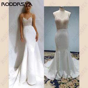 Secadores Vestidos de boda de la sirena de perlas con cuentas 2023 Correas de espagueti Sweatheart Satin Bridal Gowns Robe de Mariee Civil for Women