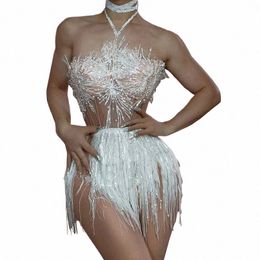 DS New Fi White Sequin Fringe Femmes Dr Sexy Strap Strap Tube Top de design Party Party Wear Singing Dancing Stage Costume R2RZ #