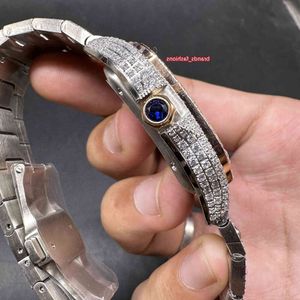 DSP0 Montre à diamant glacé pour homme Boîtier en or rose 2 tons Arc-en-ciel Chiffres romains Échelle Baguette Ston Lunette Nouvelle tendance Montre hip-hop Montre à mouvement automatique