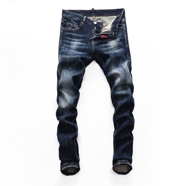 DSQ Marca Estilo europeo para hombre Slim Jeans elásticos Hombres Pantalones de mezclilla rectos Cremallera Patchwork Slim Blue Hole para hombres 8150 210716