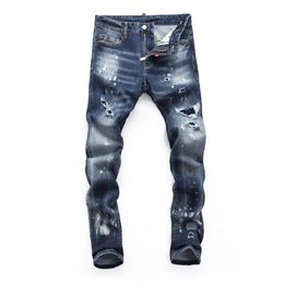 DSQ Slim Blue Men's Jeans Cool Guy Jeans Classic Hip Hop Rock Moto Casual Design gescheurd noodlijdende denim gat DSQ2 Jeans 377 Style