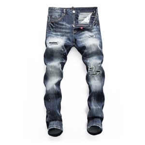 DSQ Slim Blue Men's Jeans's Cool Guy Jeans Classic Hip Hop Rock Rock Moto Casual Design Ripped Disted Denim Biker DSQ2 Jeans 418