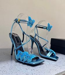 Dua Lipa Femmes Butterfly Sandals Chaussures Elegnt Gladiator satin à talons hauts Sandalias Rose Black Blue Lady High Heels Bridal Wedding Party EU35-42