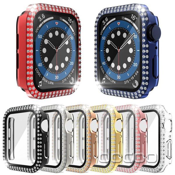 Étui de protection d'écran double diamant scintillant, pare-chocs PC pour Apple Watch iWatch série 6 5 4 3 44mm 42mm 40mm 38mm