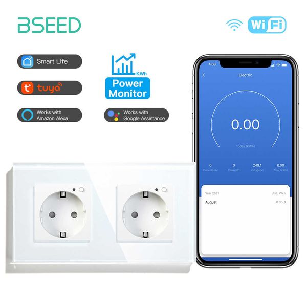 Enchufe doble BSeedenchufes con WiFi, adecuado para pared estándar europea 16A 110V250V panel de vidrio de monitor de potencia, compatible con Tuya Google y Alexa Z0327