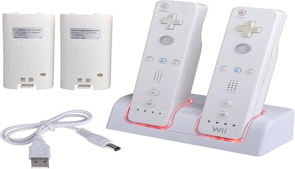 Station de charge double avec 2 batteries rechargeables Lumière LED pour Wii Wii U télécommande blanc Contrôleurs Wii Original NO1091030