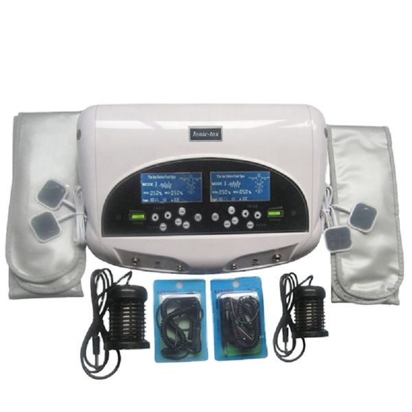 Dual Ionic Pro Cell Detox Machine Ion Foot Bath Spa Sistema de limpieza con masajeador Almohadillas de acupuntura Muñequera