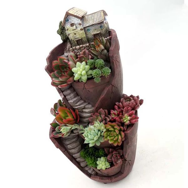 Dual capa Sky Garden Bot para Herb Flower Cacti Sedum Suculento Bonsai Plantador Caja de resina Ornamentos de jardín de hadas Decoración 240410