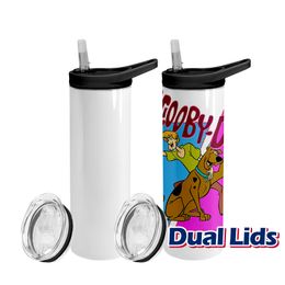 Dubbele deksels! Lege sublimatie Tumbler met zwart grijs handvat deksel 20oz STRAIGHT skinny Tumbler RVS vacuüm Tumbler met 2 deksels, rietjes