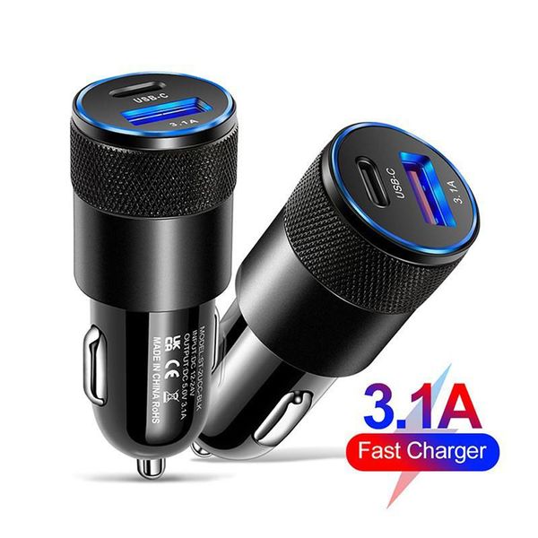 Puerto dual PD 15W QC3.0 Cargador rápido 3.1A USB Tipo C Cargador de coche Adaptador de teléfono móvil para iPhone Samsung Huawei Xiaomi con bolsa OPP