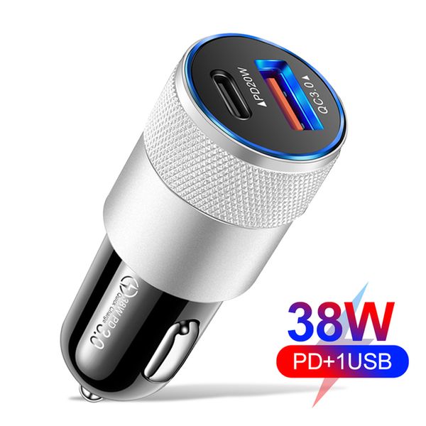 Puertos duales 38W QC3.0 y PD Cargador rápido USB Tipo C Cargador de coche Adaptador de teléfono móvil para iPhone Samsung Huawei Xiaomi con bolsa OPP