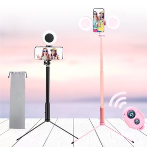 Double Anneau Lumière Avec Selfie Bâton Trépied Led Petit Rose Clair Portable 2 Ringlights 67 Pouces 1.7 M Stand Pour Smartphone Photo