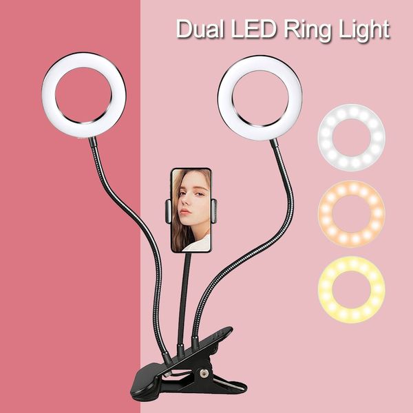 Anillo de luz Dual para Selfie con soporte para teléfono de brazo largo Flexible, soporte de escritorio, lámpara de anillo LED para Youtube, transmisión en vivo, oficina y cocina