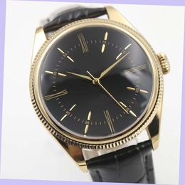 Dual Time Cellini Geel Gouden Kast Herenhorloge Lederen Band Automatische Mechaincal Zwarte Wijzerplaat Heren Horloges Mannelijke Horloges