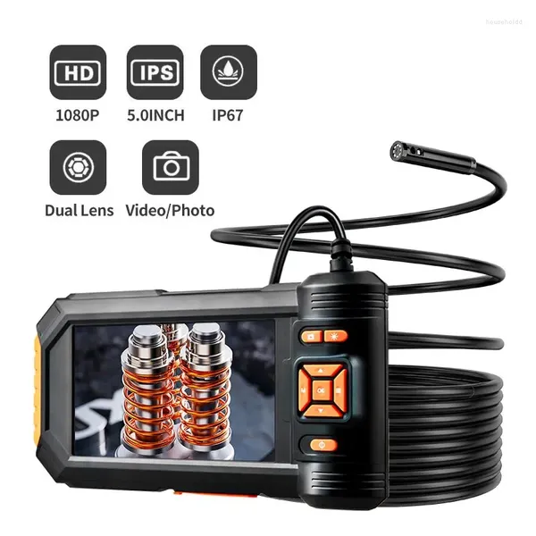 Endoscope industriel 1080P à double triple objectif, caméra d'inspection endoscopique LCD de 5 pouces avec serpent étanche IP67 de 8mm pour voiture