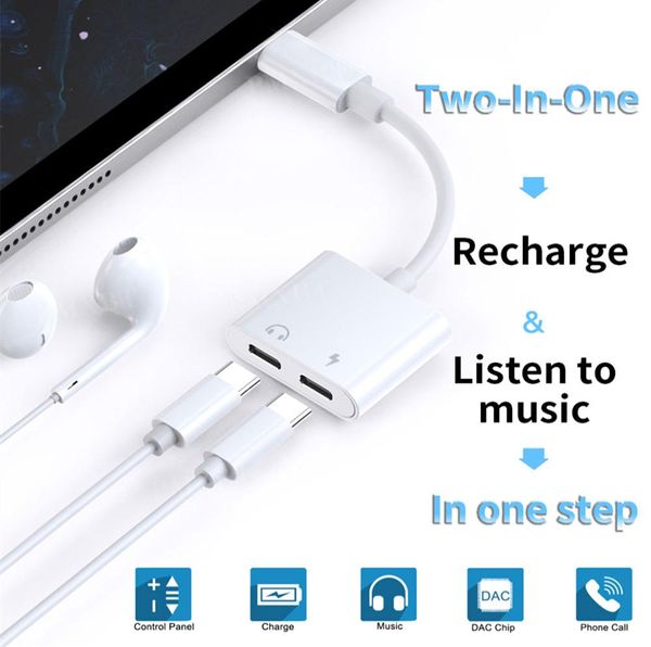 Adaptador de conector de auriculares de audio auxiliar tipo C dual para Samsung Galaxy S20 S10 Note10 Huawei P40 USBC divisor de carga auriculares Convert9086556
