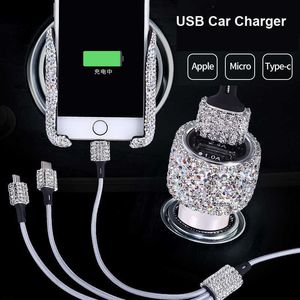 Dual USB Autolader voor Mobiele Telefoon Tablet GPS Fast Charger Crystal Diamond 3 Data Line Draad in sigarettenaansteker