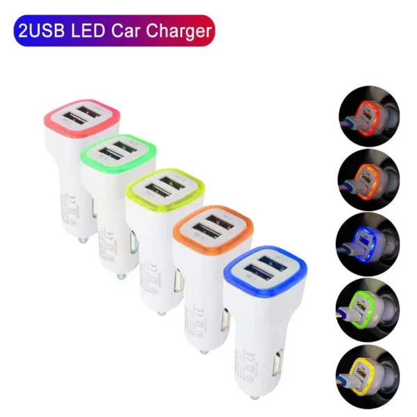 Cargador de coche USB dual con luz LED, adaptador de corriente portátil para coche para iPhone, iPad, Samsung, Huawei, LG, teléfonos móviles, adaptador de corriente automático máximo de 5V/1A, colorido