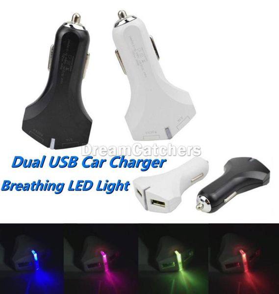 Double chargeur de voiture rapide USB LED lumière respiratoire charge rapide automatique allumant la couleur changeante 2 adaptateur de port de charge pour Iphone Sams2070029