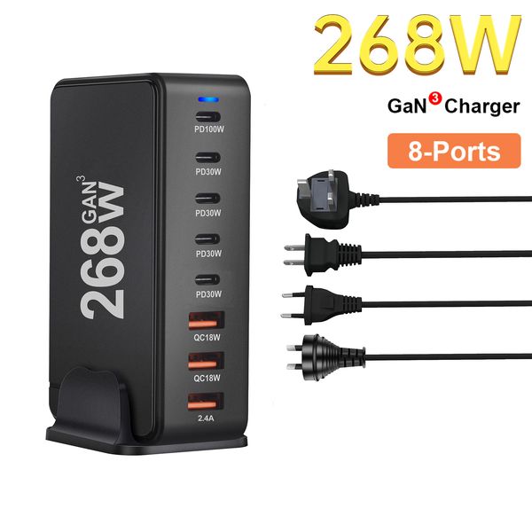 Chargeur USB C PD 268W GaN, Station de charge de bureau à 8 ports, 100W USB-C, pour ordinateur portable, MacBook Pro, iPhone 15/14/13, Samsung