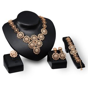 Dubai 18K gouden hanger bloem chain ketting sets mode Afrikaanse tripe bruiloft bruids sieraden sets (ketting + armband + oorbellen + ring)