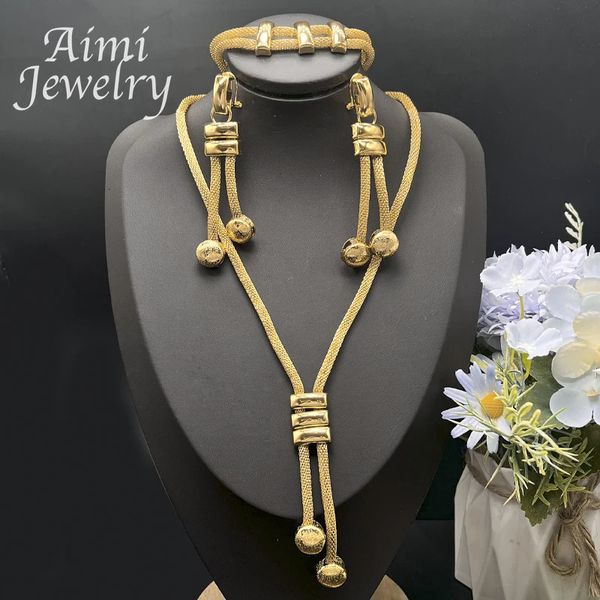 Dubai 24K plaqué or ensemble de bijoux pour femmes chaîne perles décor collier boucles d'oreilles bracelet mode italienne cadeaux de fête de mariage 231226