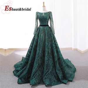 Dubai A Line Luxury Wedding Evening Night Dresses Muslim Vintage Long Sleeves Sequin Sparkle Formal Prom Party Gowns 220801