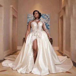 Dubaï Afrique Princesse Robes De Mariée Manches Longues Appliques Blanches Sirène Mariée Une Épaule Robes De Mariée Avec Train Détachable321W