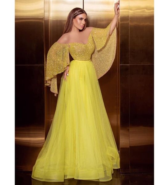 Robe de bal jaune africaine de dubaï, épaules dénudées, paillettes, manches longues, en Tulle, robe de soirée de Cocktail, bon marché, 3/4