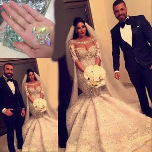 Dubaï arabe luxe perles cristal sirène robes De mariée demi manches longues encolure dégagée pays robes De mariée Vestido De Novia