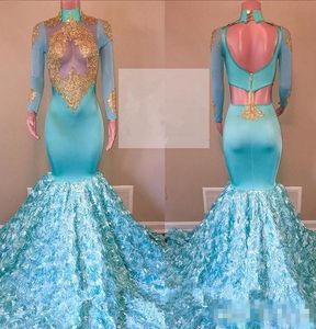 Dubai Arabi Mermaid Avondjurken met hoge nek Goud Appliques Zagen door lange mouwen prom jurk Rose Train sexy staartjurken