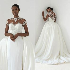 Dubaï arabe 2019 robes de mariée sirène avec train détachable col haut dentelle appliques robe de mariée à manches courtes robes de mariée