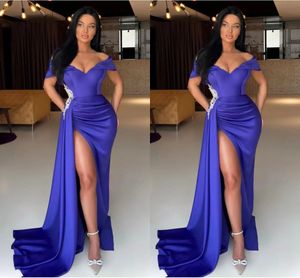 Dubai Arabisch Afrikaans Purple Mermaid Prom Dresses lang voor vrouwelijke zwarte meisjes uit schouder V Neck High Side Split Formal Dress Evening Feest verjaardagsjurken