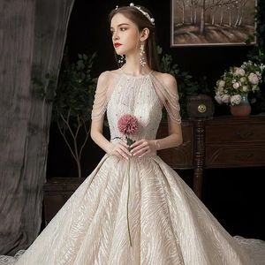 Dubai Arabische baljurk trouwjurken plus size sweetje Backless Crystal Sweep Train Bridal Troogs bling luxe Luxe lange mouw beadelende pailletten Wed -jurken