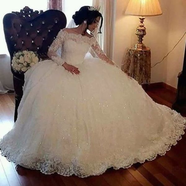 Dubaï arabe robe de bal robes de mariée, plus la taille de l'épaule à lacets dos robes de mariée Bling luxe perles paillettes longueur de plancher