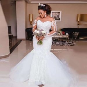 Dubai Arabisch Kralen Zeemeermin Jurken 2022 Afrikaanse Lange Mouwen Applicaties Parels Bruiloft Bruidsjurken Plus Size Vestido De Noiva Cg001