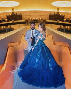 Dubai Arabische blauwe kant baljurk prinses avondjurken applique lange mouwen sweep trein formele jurken avondkleding gewaad de soiree