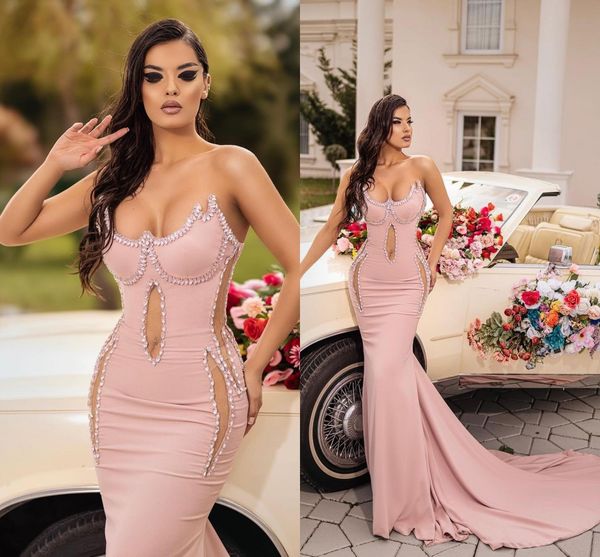 Dubái Árabe Blush Pink Tallas grandes Sirena Vestidos de noche Largos para mujeres Cristales de novia Con cuentas Cumpleaños Prom Celebrity Pageant Ocasión formal Vestidos de fiesta