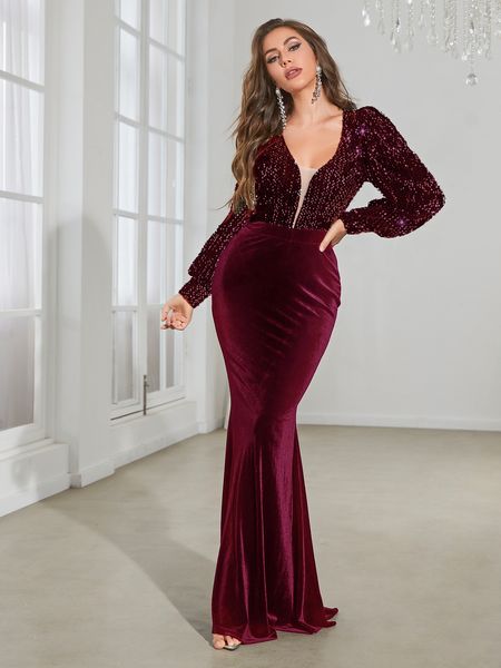 Dubaï arabe bordeaux velours mère de la mariée robes avec manches longues col en V dos nu grande taille robe d'invité de mariage gaine sexy luxe tapis rouge robes de soirée