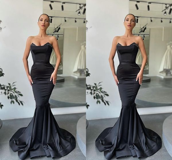 Dubaï Arabe Élégant Noir Sirène Robes De Soirée Longues Pour Les Femmes Plus La Taille Chérie Perlée Satin Anniversaire De Bal De Célébrité Pageant Occasion Formelle Robes De Fête