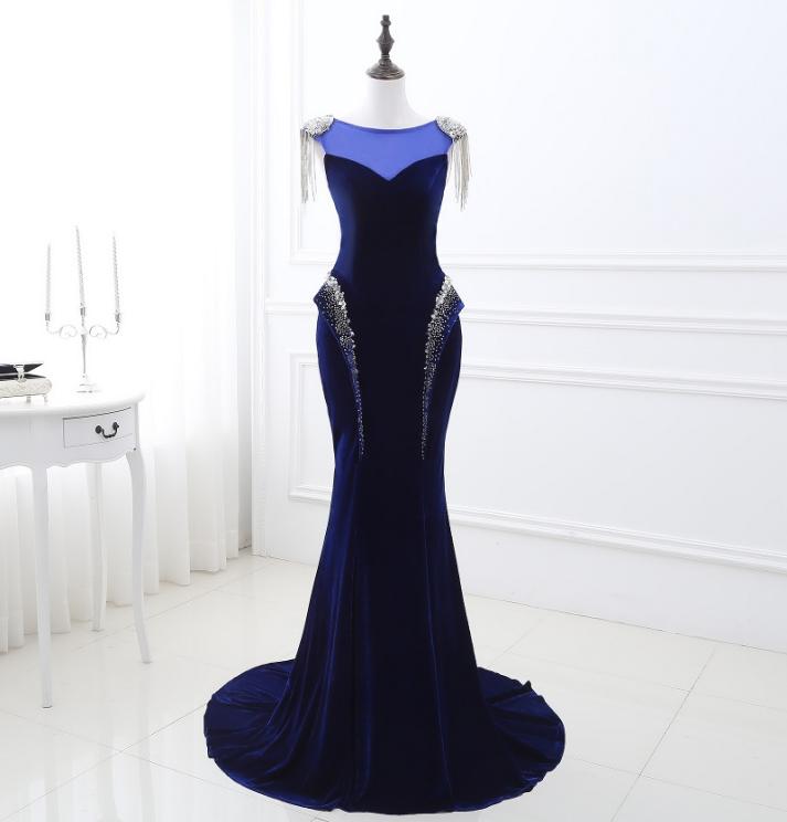 Dubaï Arabe Elegant Royal Blue Long Sirène Robes de célébrités avec une robe de tapis rouge à paillettes perlées Fête de soirée G8575808