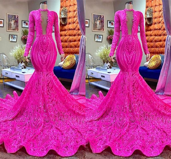 Dubaï Arabe Fuchsia Plus La Taille Sirène Robes De Soirée Col En V Profond Satin Dentelle Manches Longues Robe De Soirée Formelle Pageant Fiançailles Celebrity Robes De Soirée Sur Mesure